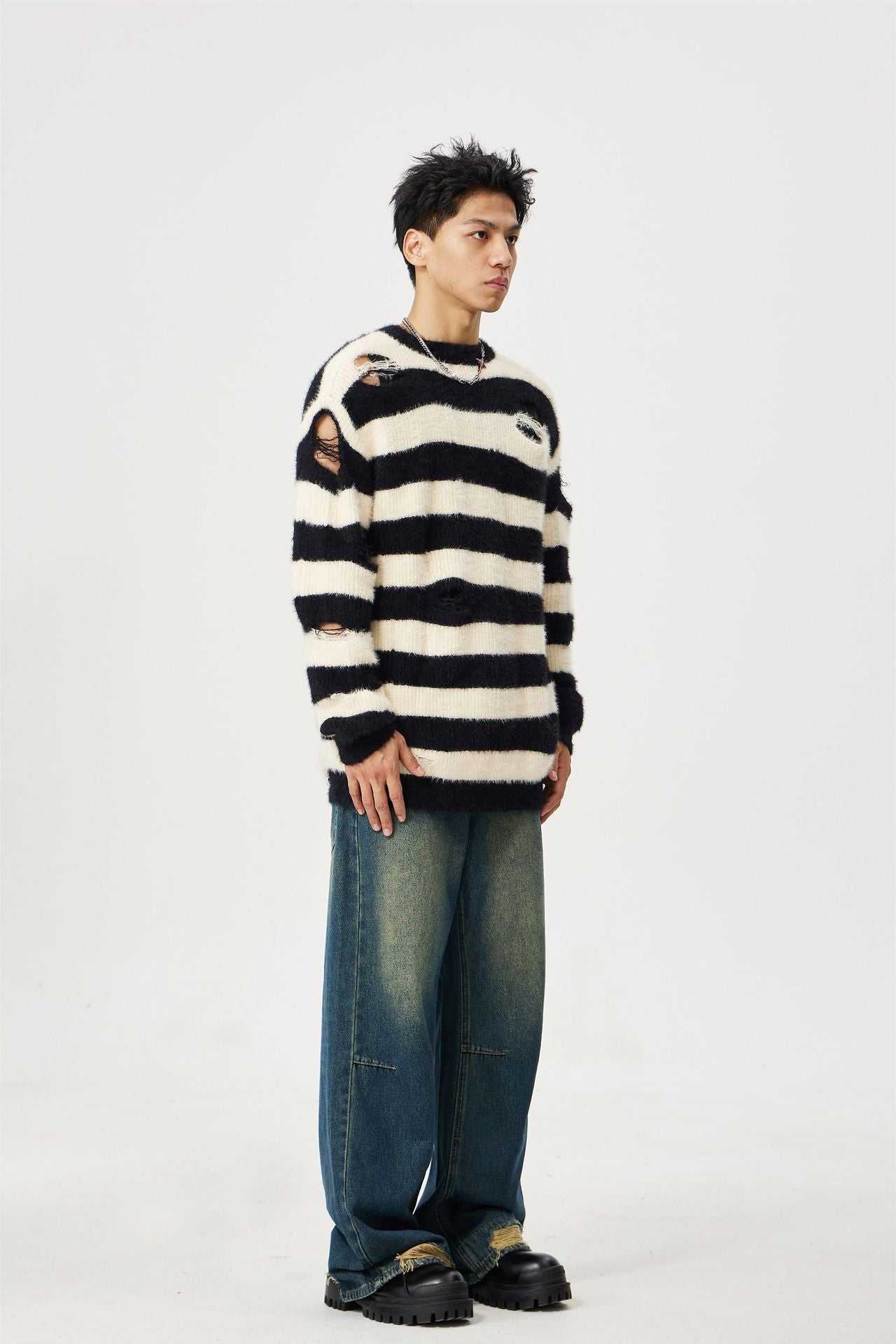 Men's And Women's Same Maychao Striped Round Neck Ripped Pullover Sweater