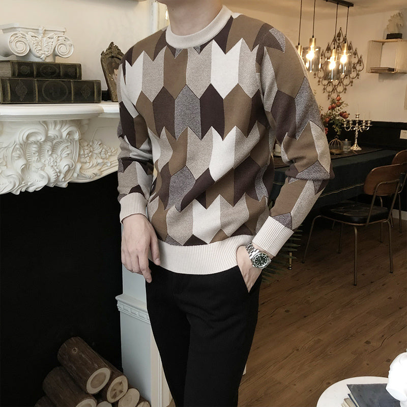 Geometric Jacquard Sweater Men's Trendy Fashion Retro Knitted Sweater Top