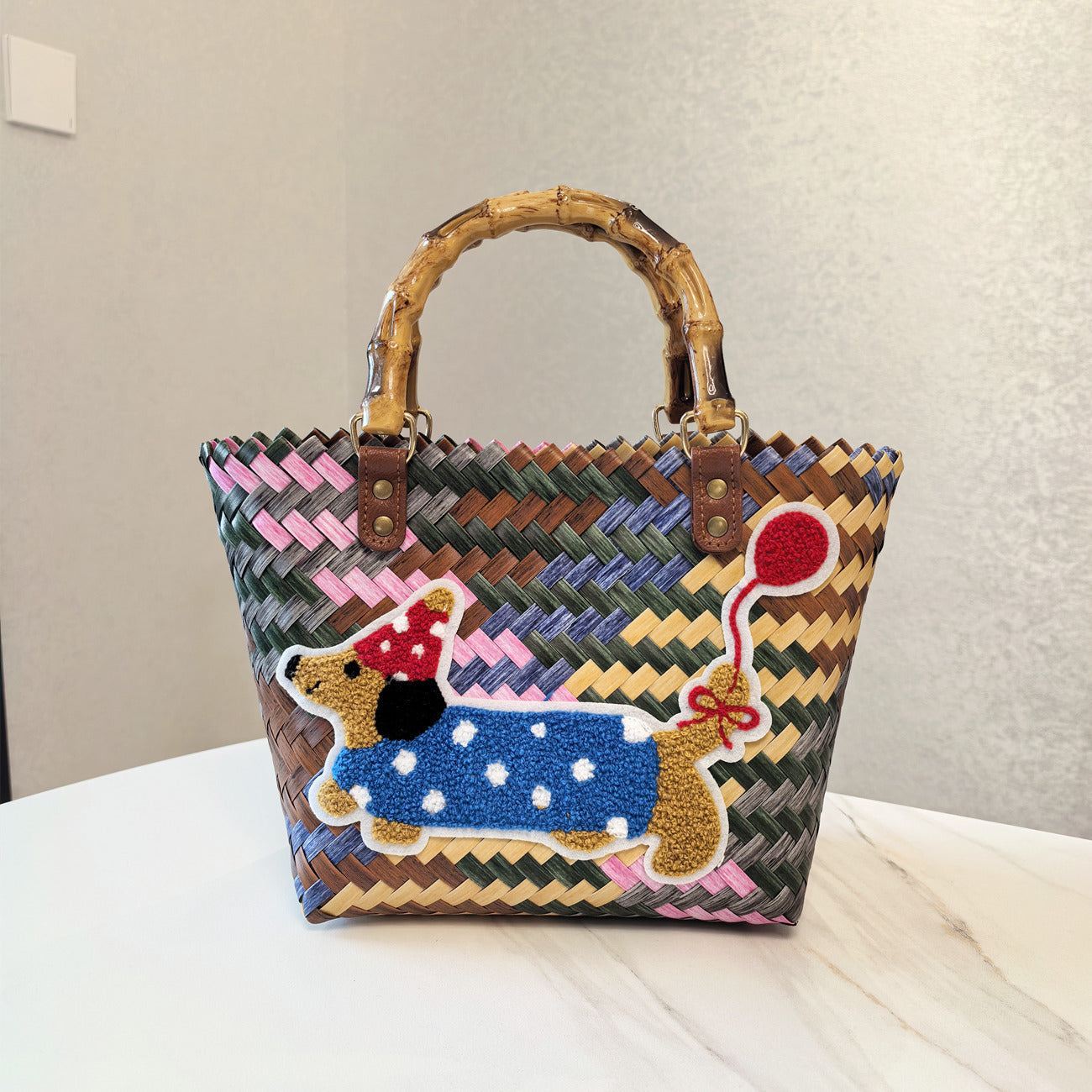 Vintage Stripe Sausage Dog Woven Bag