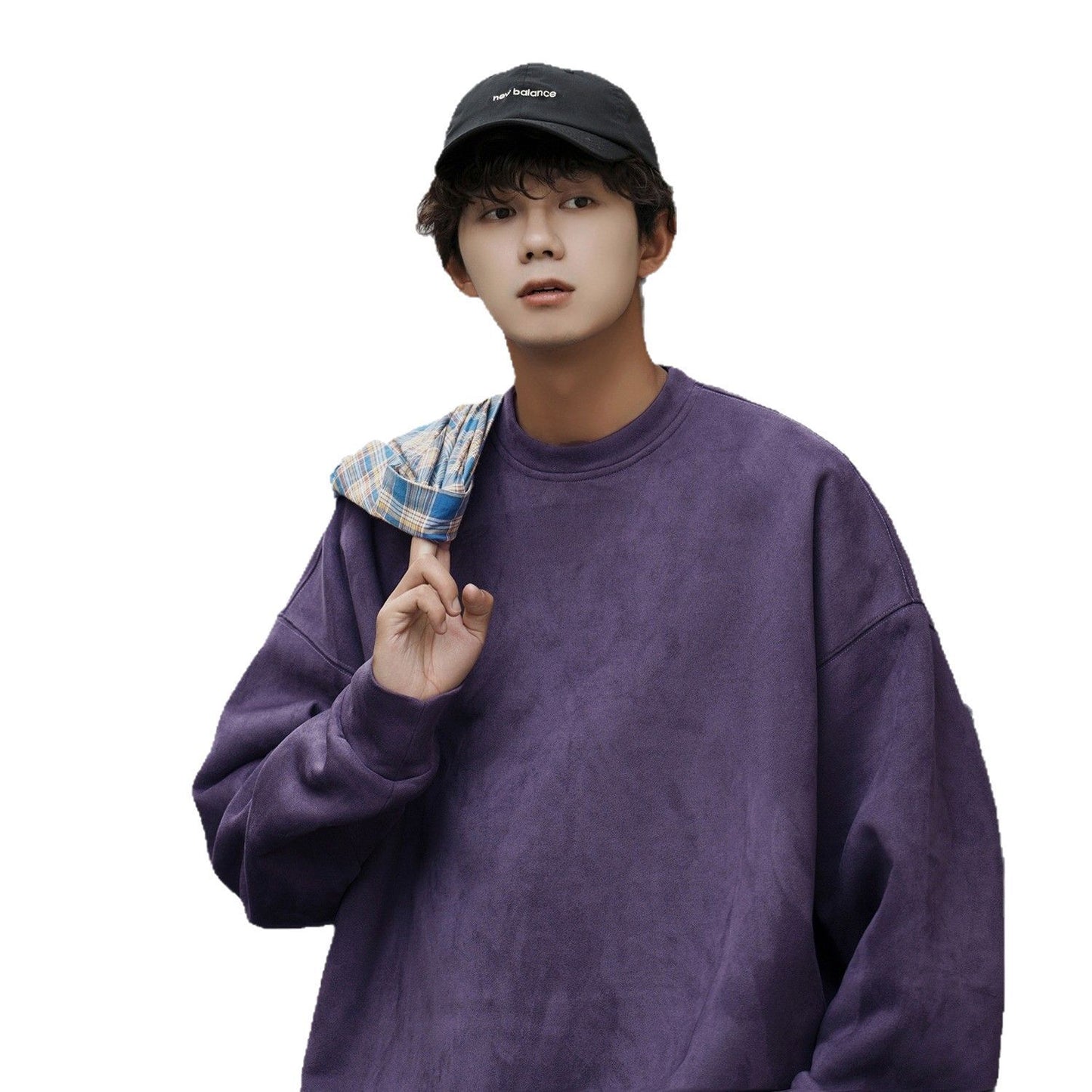 Suede Heavy Round Neck All-matching Sweater Men's Solid Color Loose