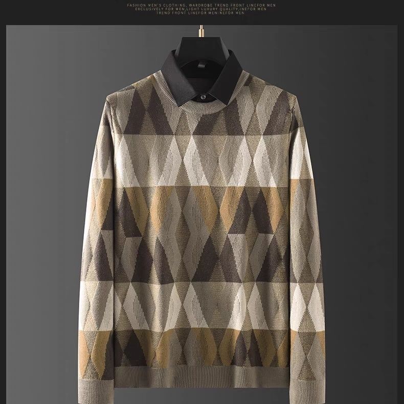 Camisa cálida de dos piezas para hombre con diseño de celosía de diamantes de colores contrastantes