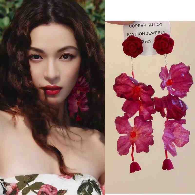 Fabric Roses Long Fashion Earrings