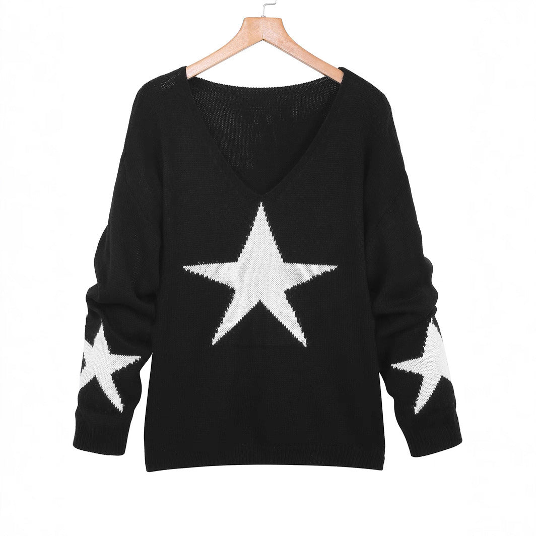 Knitwear V-neck Five-pointed Star Long Sleeve Loose Casual Sweater