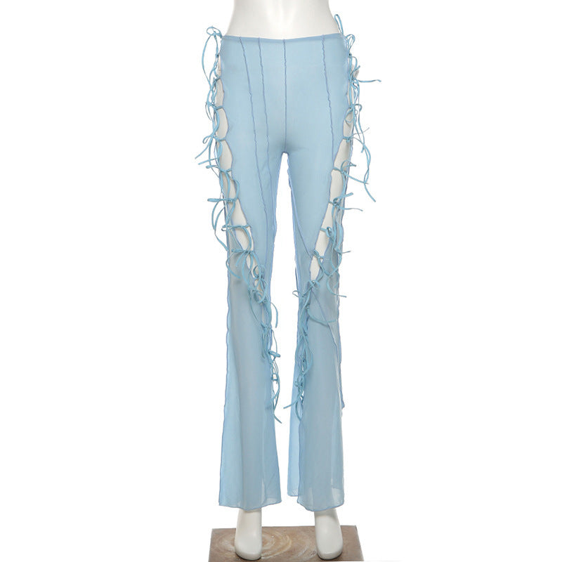 High Waist Straight Micro-Flare Hollow Lace-Up Mesh Casual Pants