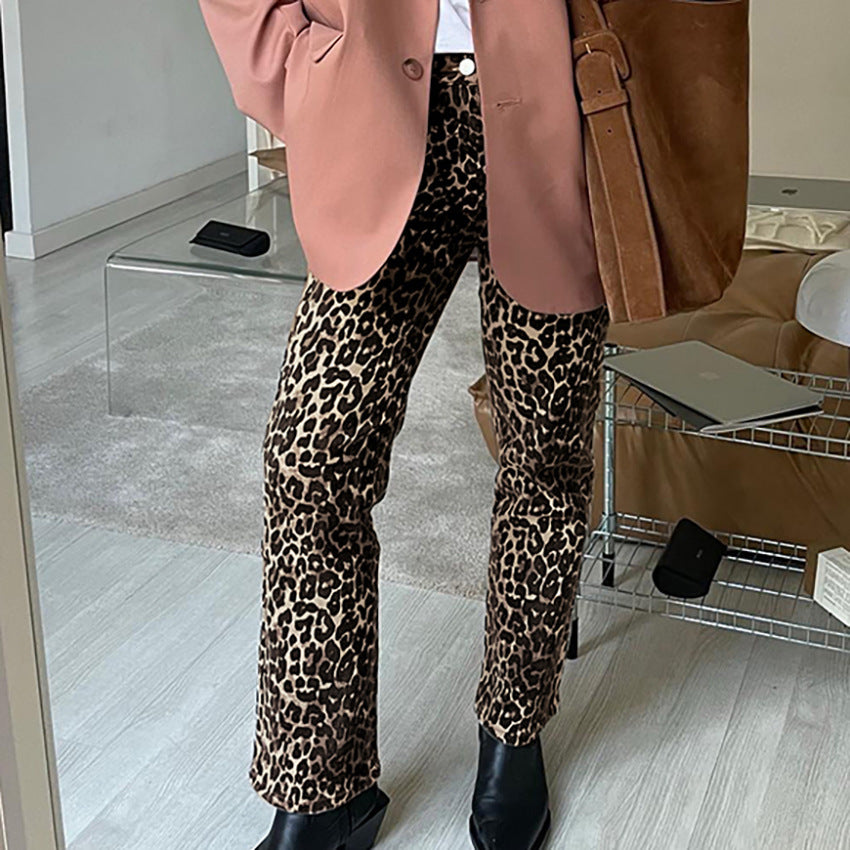 Leopard Print High Waist Straight Pants Retro Smart Trousers Women