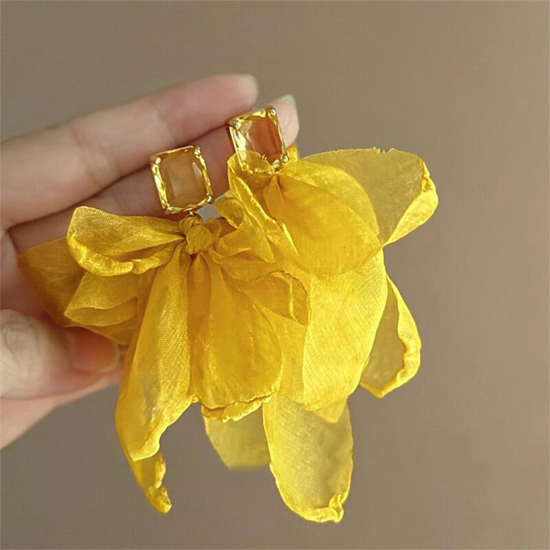 Silver Needle Fabric Flower Pendant Earrings For Women