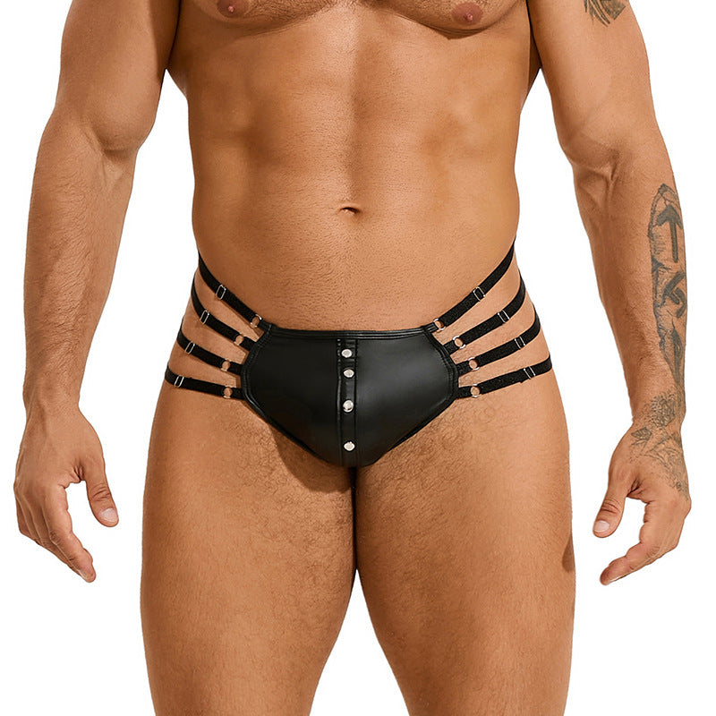 Men's Rivet Imitation Leather T-back Low Waist Sexy