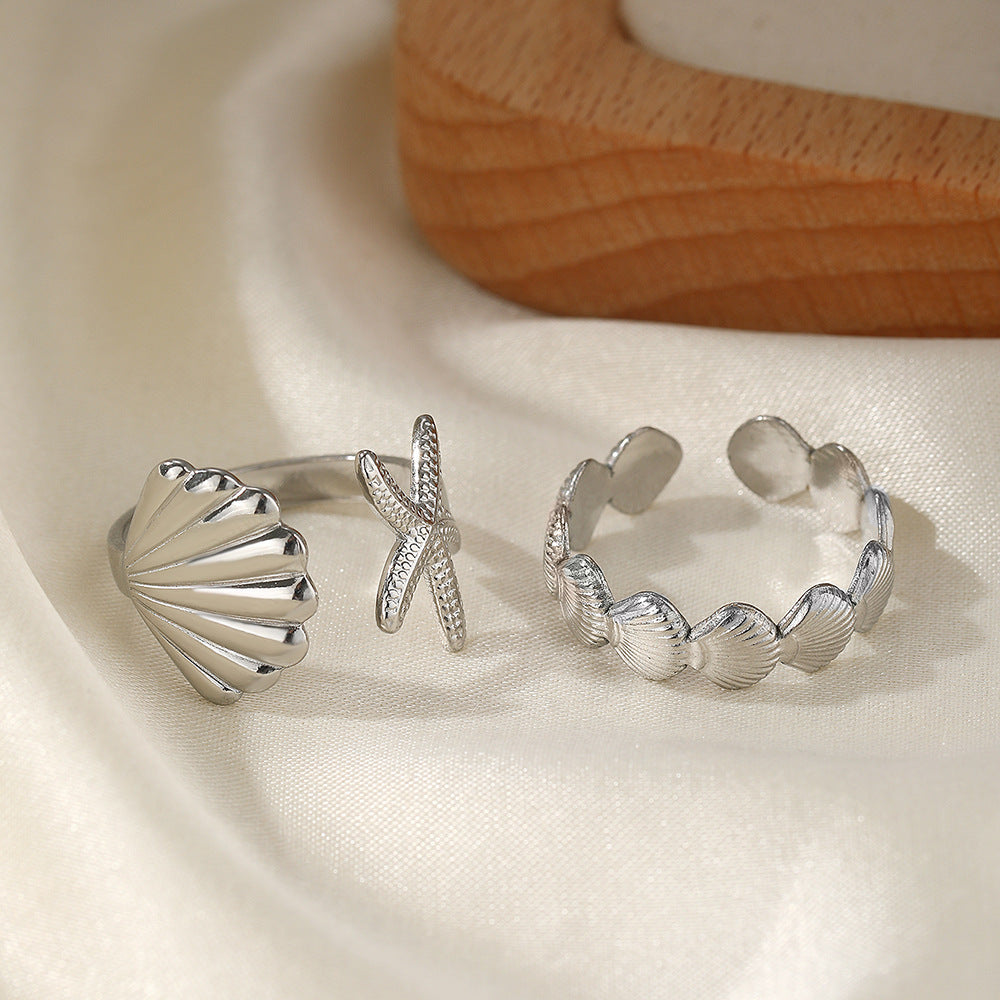 Marine Elements Vacation Style Shell Starfish Open Adjustable Ring For Women