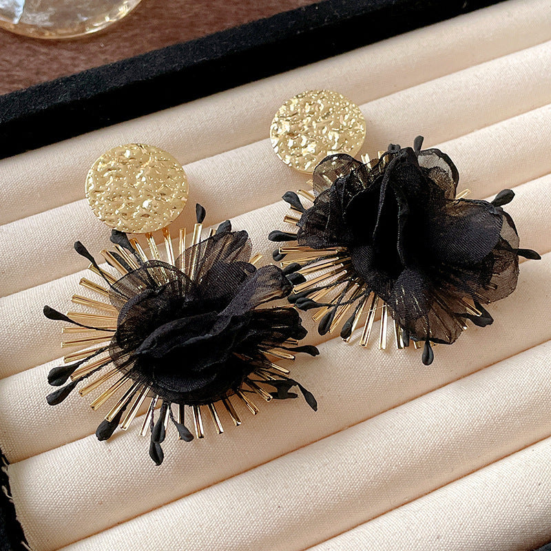 Silver Needle Fabric Flower Pendant Earrings For Women