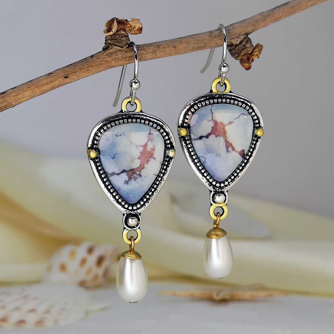 European And American Lavender Turquoise And Pearl Drop Earrings