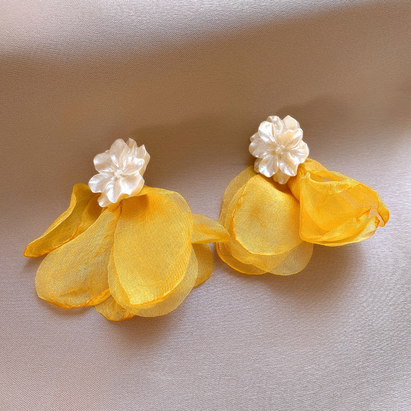 Silver Needle Fabric Flower Pendant Earrings For Women