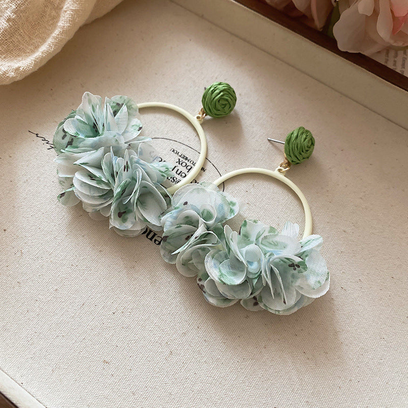 Silver Needle Fabric Flower Pendant Earrings For Women
