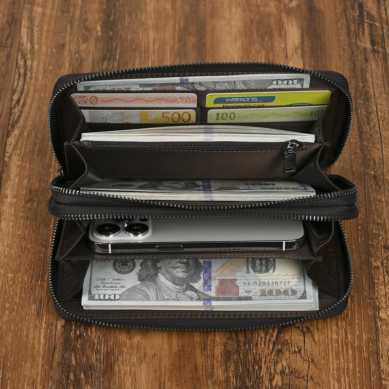 Leather Double Zipper Long Wallet