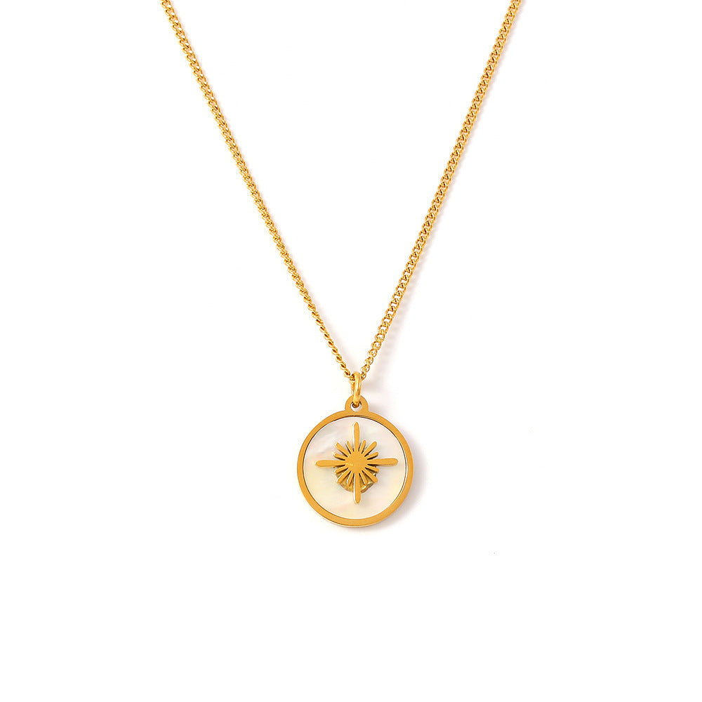 Vintage XINGX Water Shell Round Plate Pendant Necklace Titanium Steel 18K Gold Plated Clavicle Chain