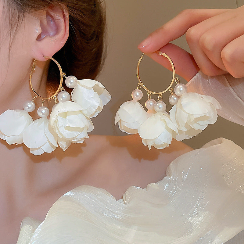 Silver Needle Fabric Flower Pendant Earrings For Women