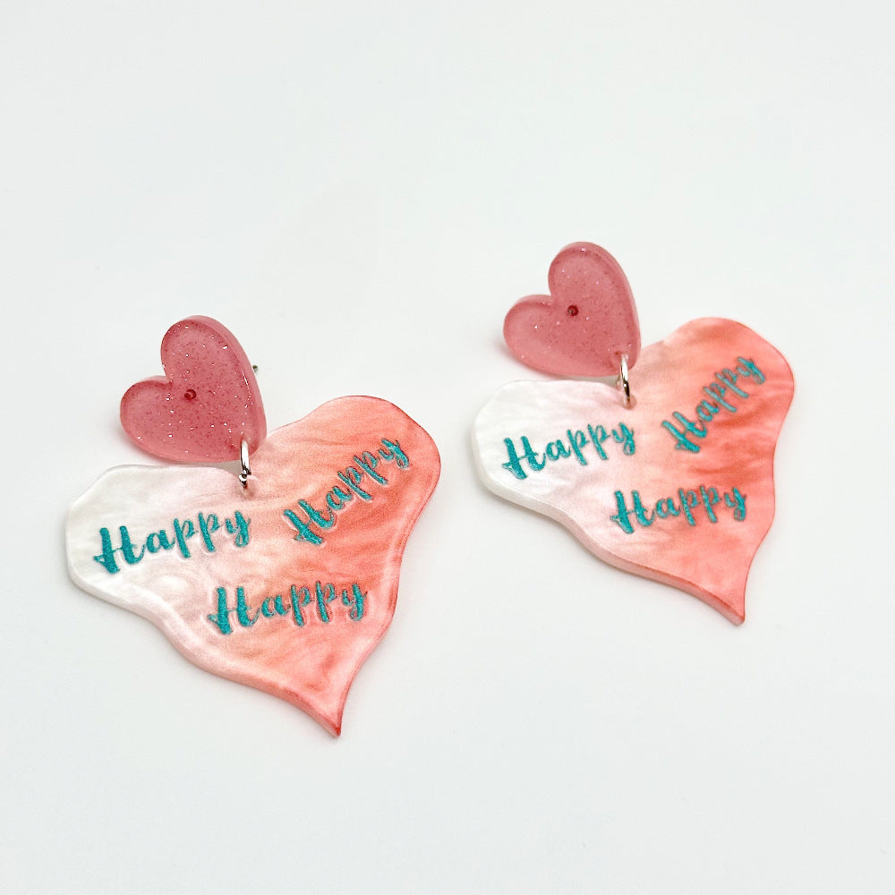 Color Printing Love Heart Acrylic Earrings