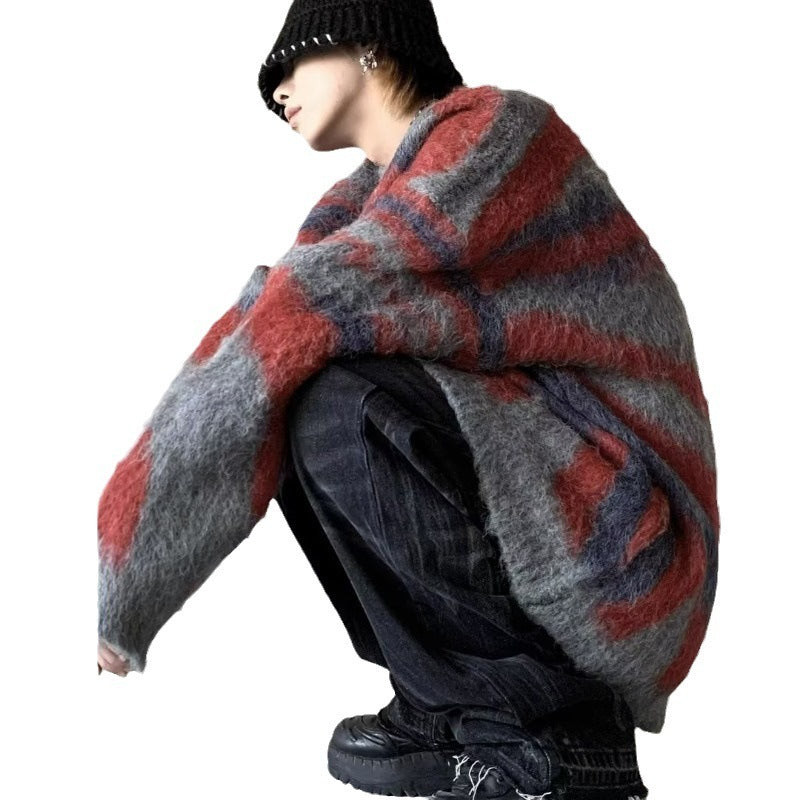 Contrast Color Stripes Idle Style Winter Loose Retro New Mohair Knitwear Sweater