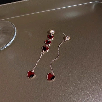 Silver Needle Asymmetric Diamond Love Chain Earrings
