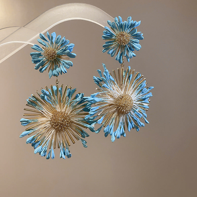 Silver Needle Fabric Flower Pendant Earrings For Women