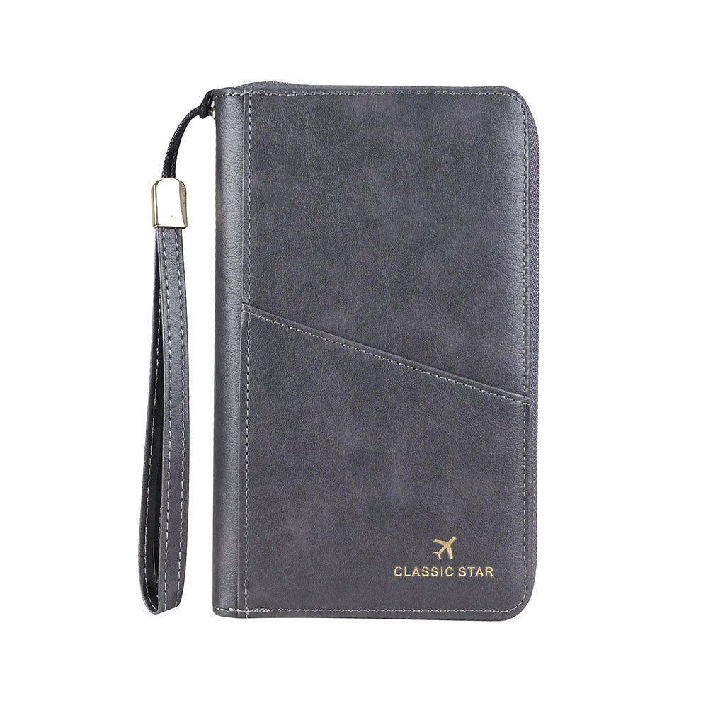 Cartera de cuero genuino con porta pasaporte y barrera RFID