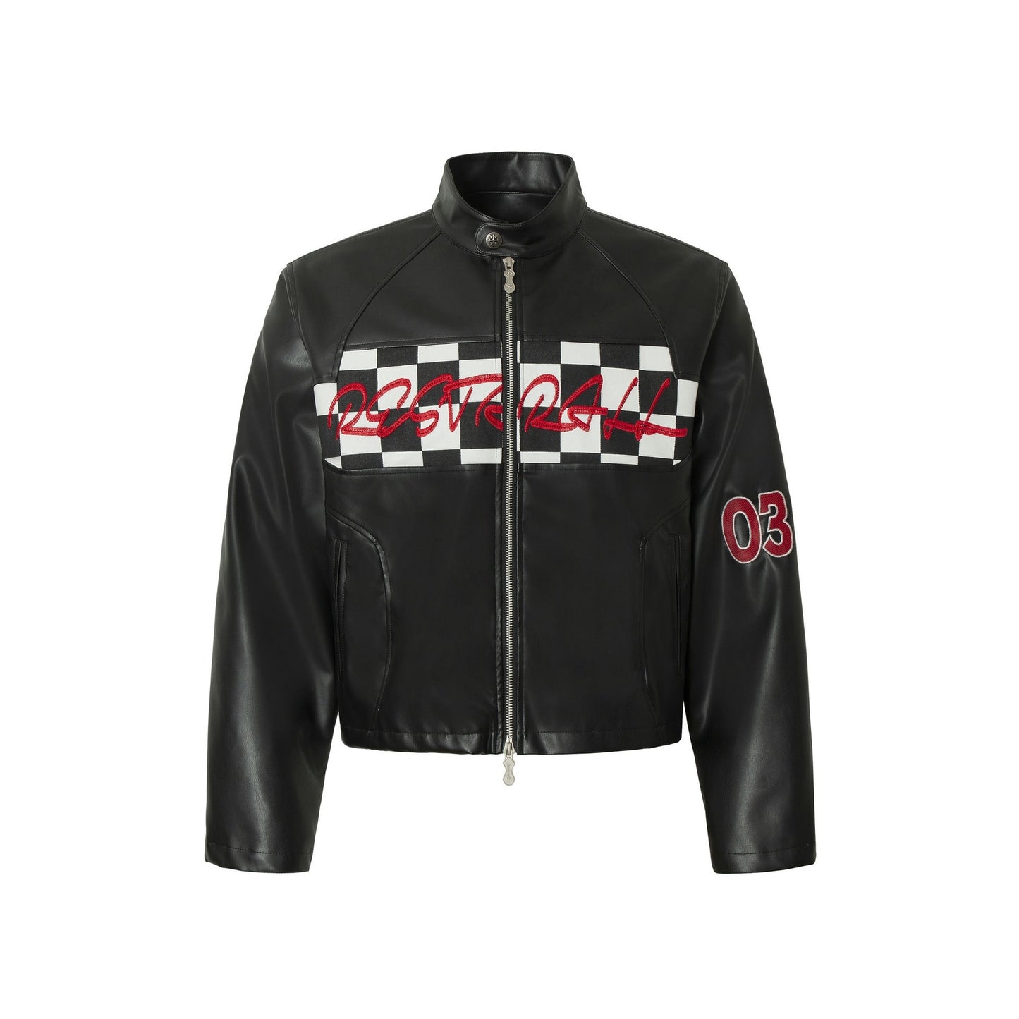 American Retro Plaid Short Stitching Leather Jacket