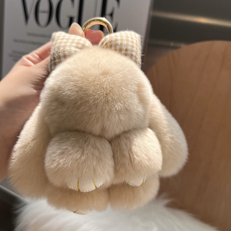Cute Real Rex Rabbit Hair Bow Bunny Car Key Ring Pendant