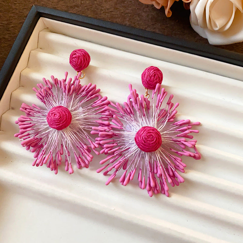 Silver Needle Fabric Flower Pendant Earrings For Women