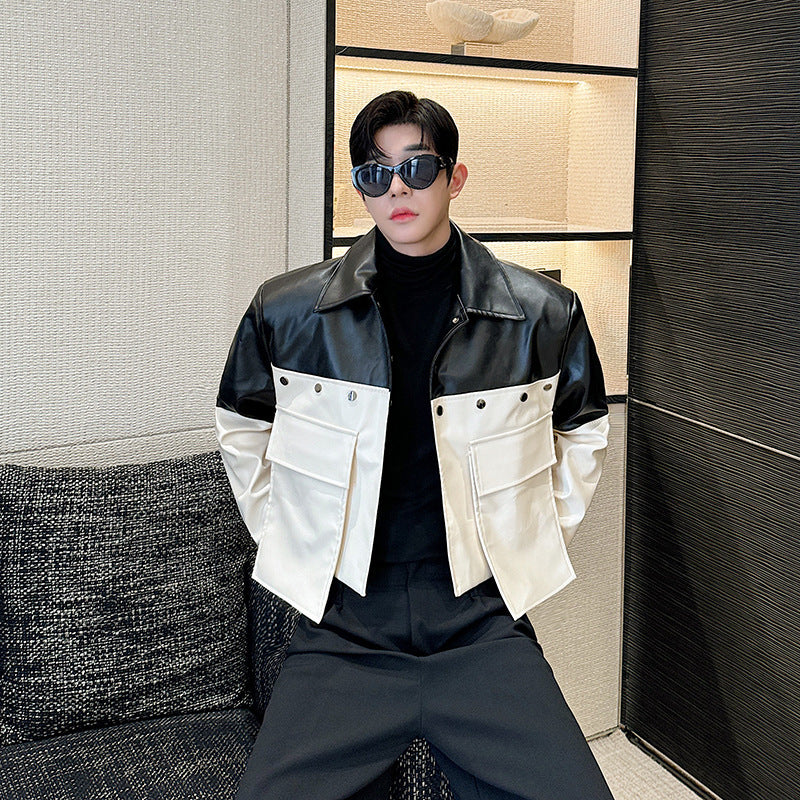 Autumn Large Pocket Color Contrast Patchwork Slim-fit Jacket