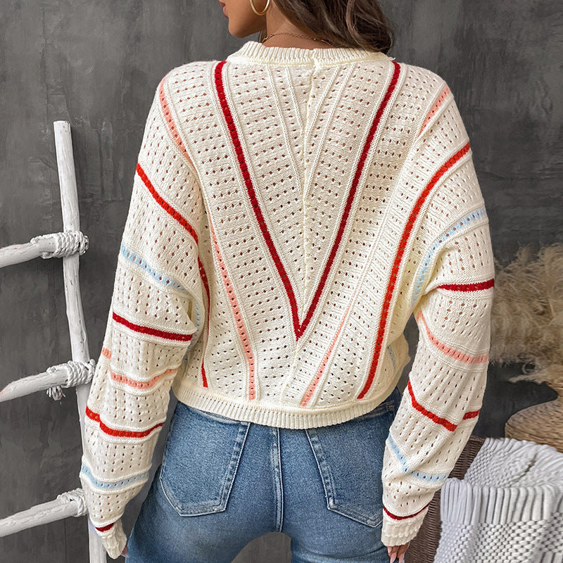 Asian Knitwear V-stripe Pattern Hollow Out Sweater