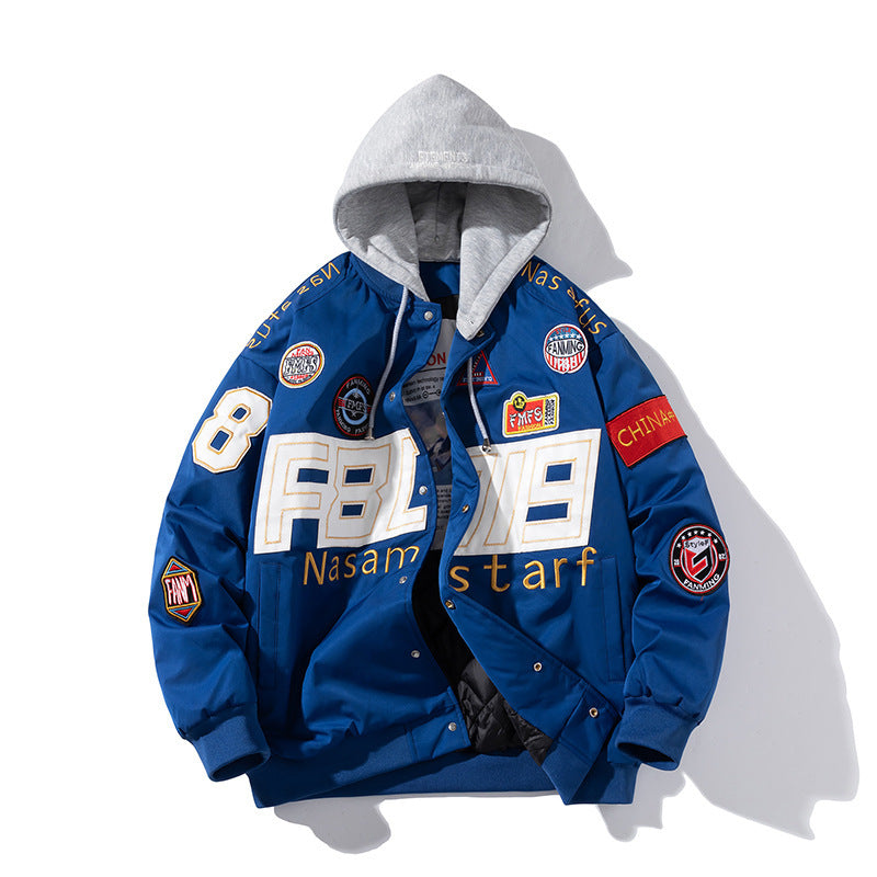 Pareja de otoño e invierno con uniforme de béisbol de motocicleta americana