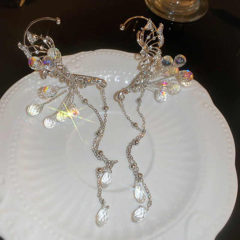 No Pierced Diamond Butterfly Crystal Tassel Ear Hanging