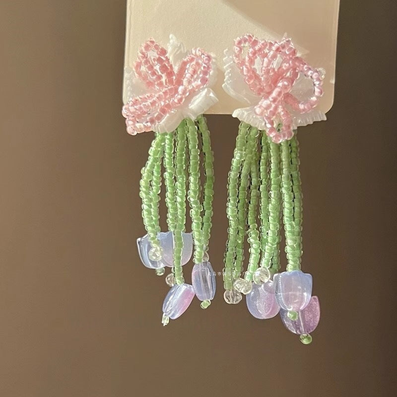 Silver Needle Fabric Flower Pendant Earrings For Women