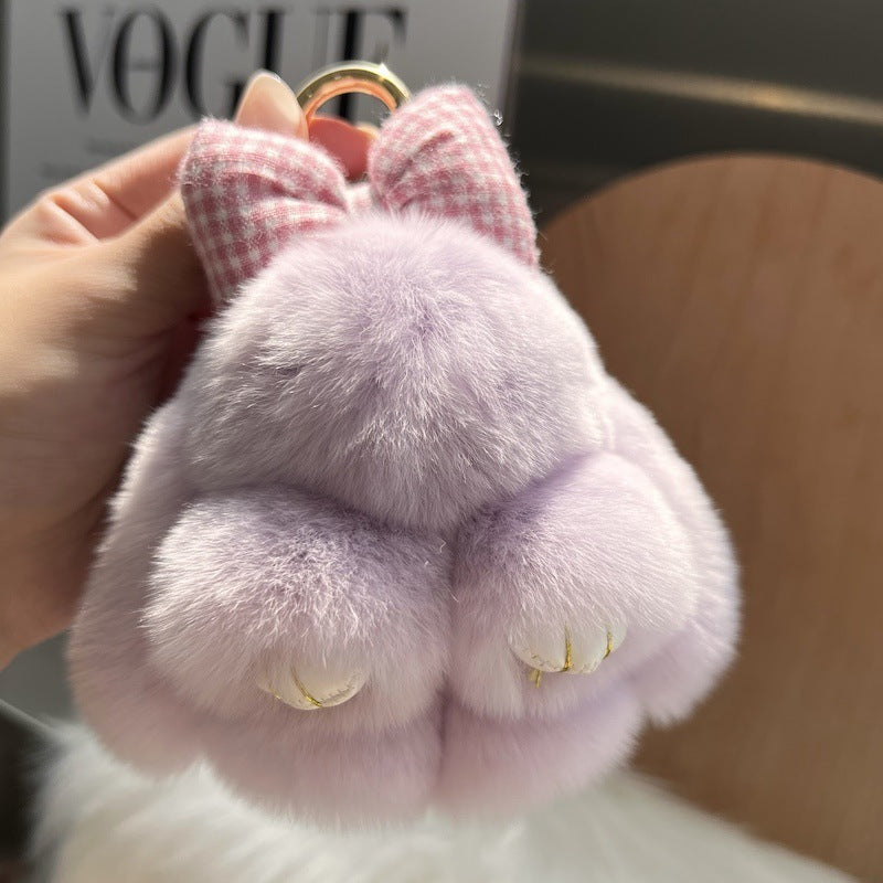 Cute Real Rex Rabbit Hair Bow Bunny Car Key Ring Pendant