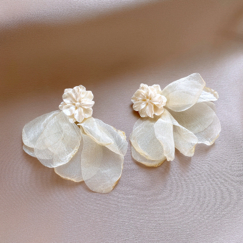 Silver Needle Fabric Flower Pendant Earrings For Women