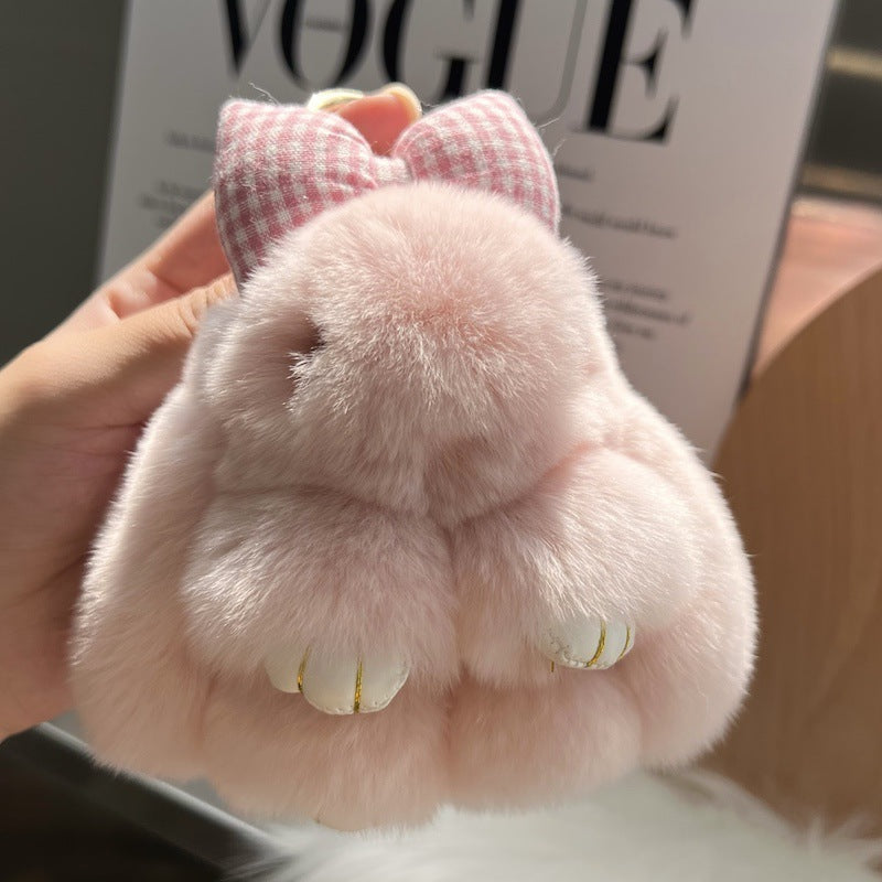 Cute Real Rex Rabbit Hair Bow Bunny Car Key Ring Pendant