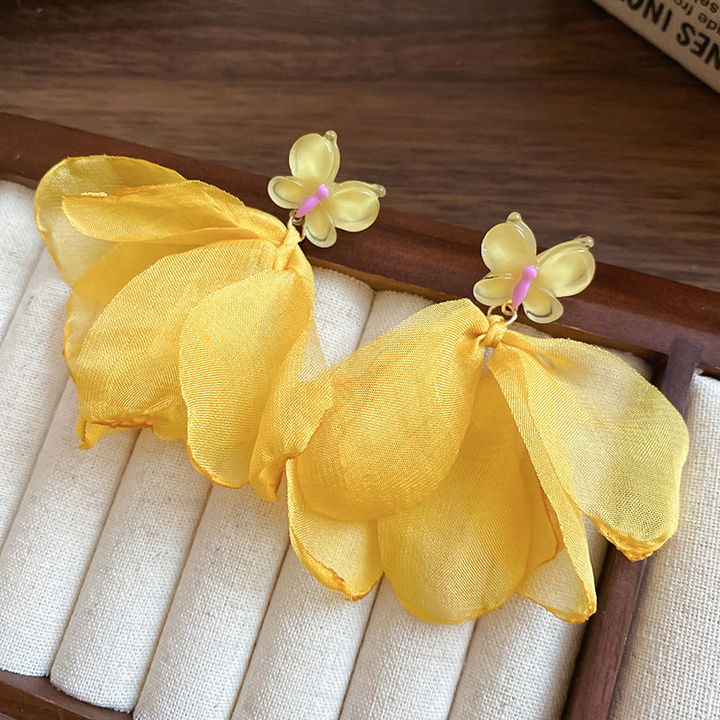 Silver Needle Fabric Flower Pendant Earrings For Women