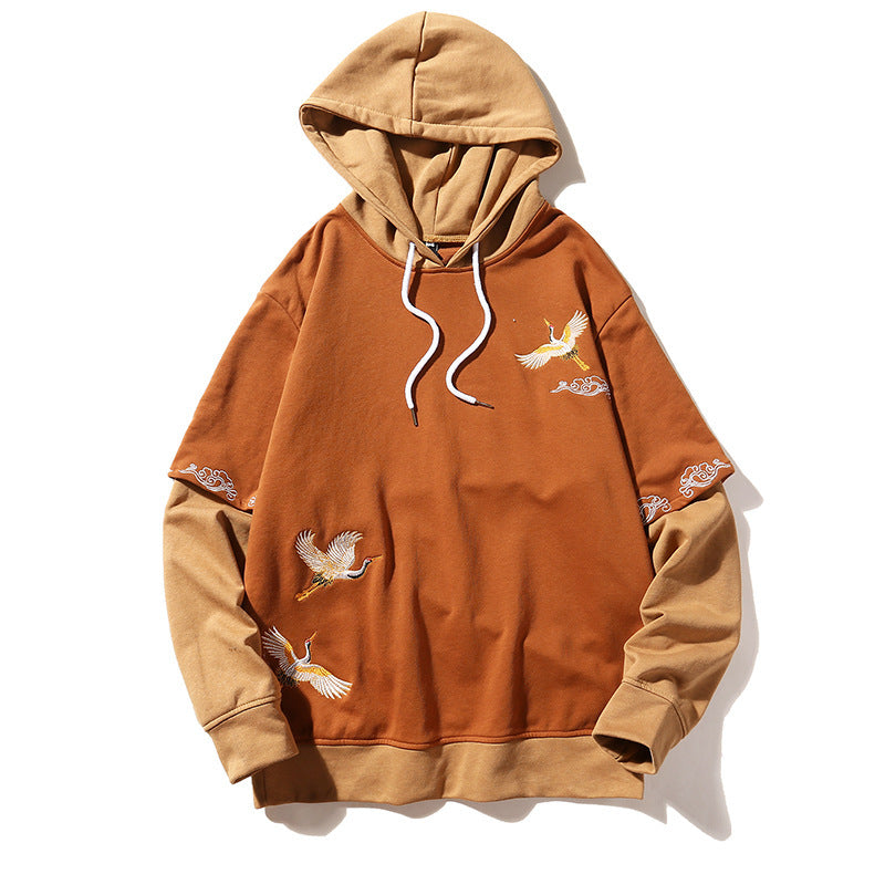 Crane Embroidered Hooded Long Sleeve Top