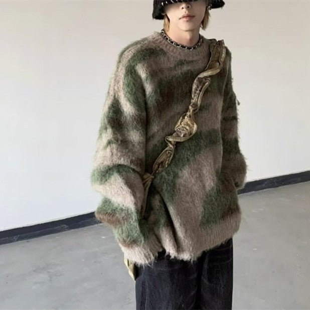 Contrast Color Stripes Idle Style Winter Loose Retro New Mohair Knitwear Sweater