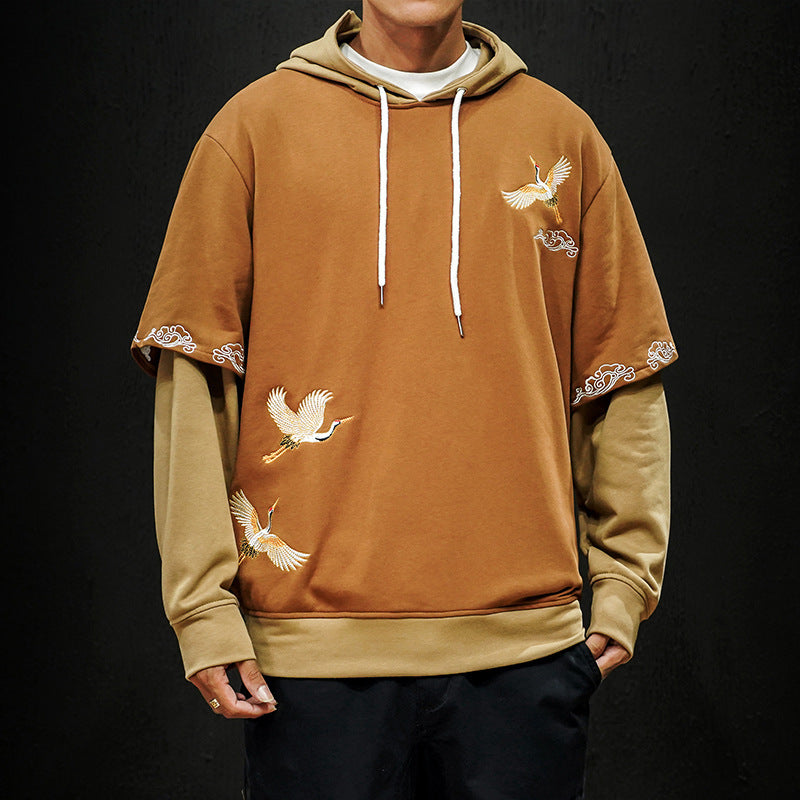 Crane Embroidered Hooded Long Sleeve Top