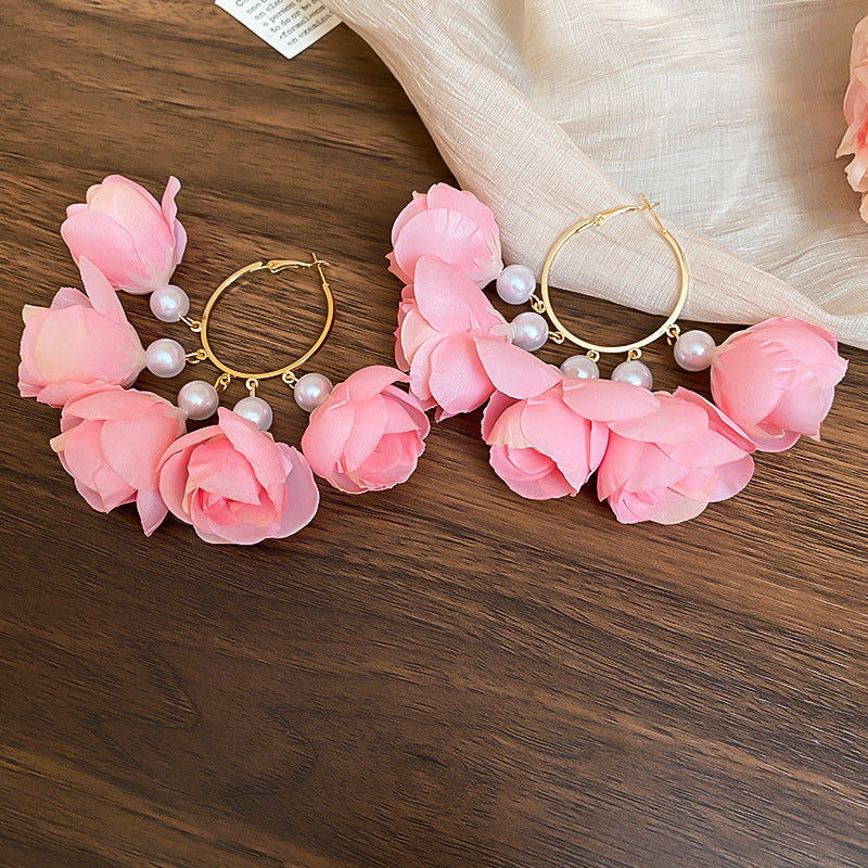 Silver Needle Fabric Flower Pendant Earrings For Women