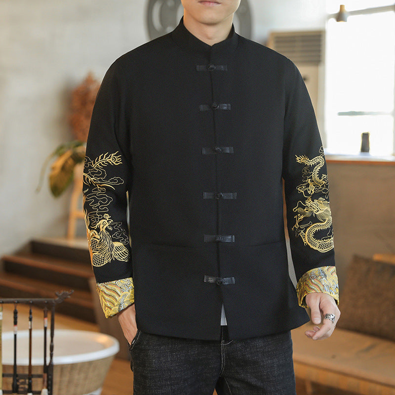Chinese Style Men's Fashion Wear Jacket Stand Collar Buckle Turned Cuff Dragon And Phoenix Embroidery