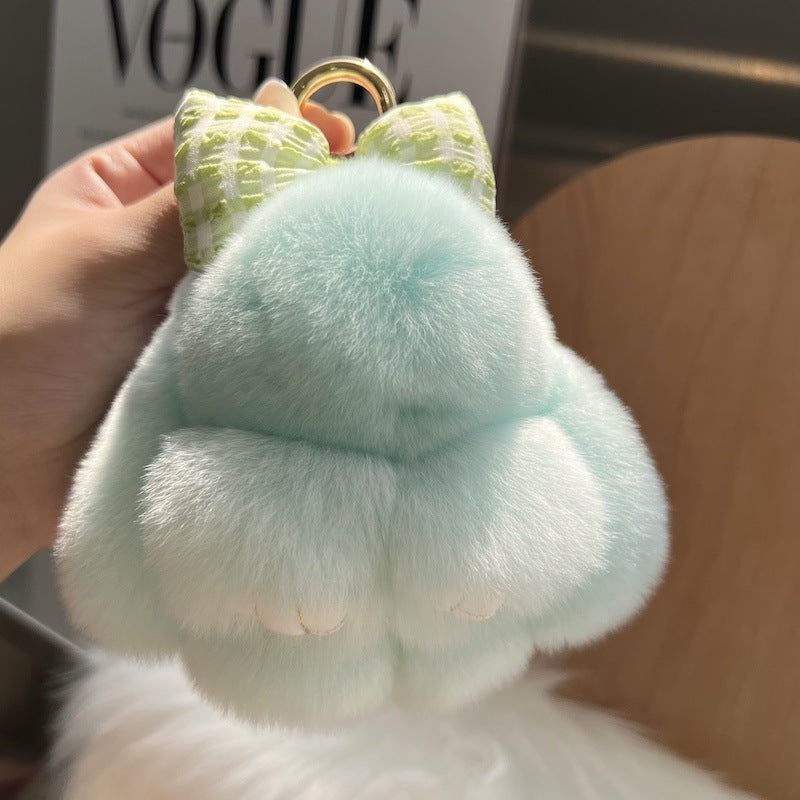 Cute Real Rex Rabbit Hair Bow Bunny Car Key Ring Pendant