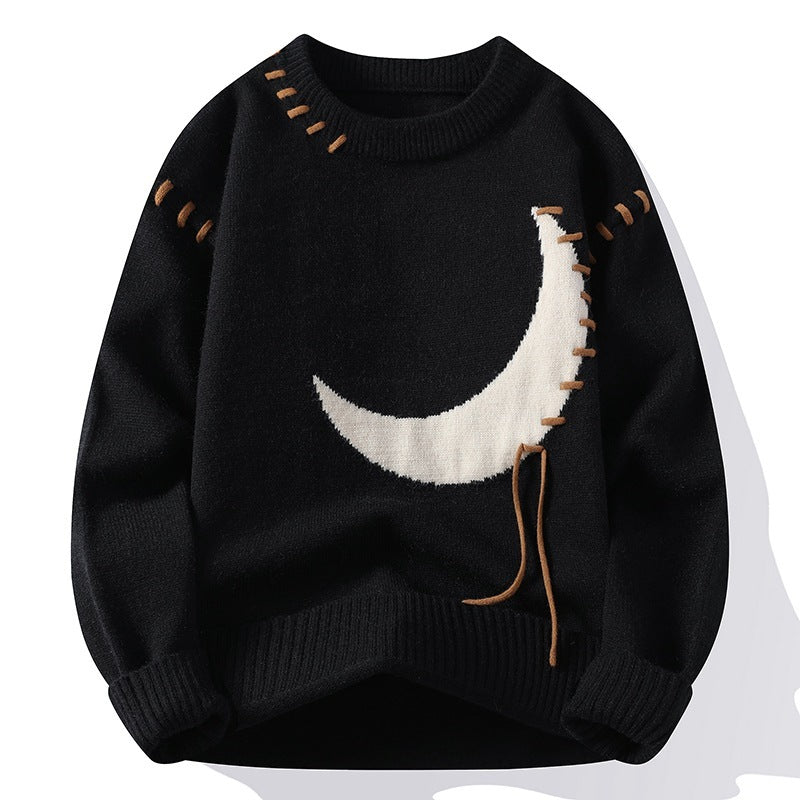 Suéter de cuello redondo con estampado de luna y jacquard para hombre
