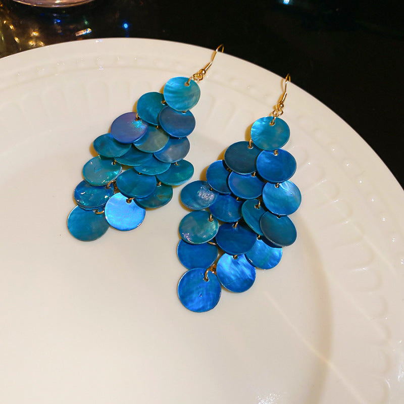 Flower Pattern Shell Tassel Round Earrings Light Luxury High Sense