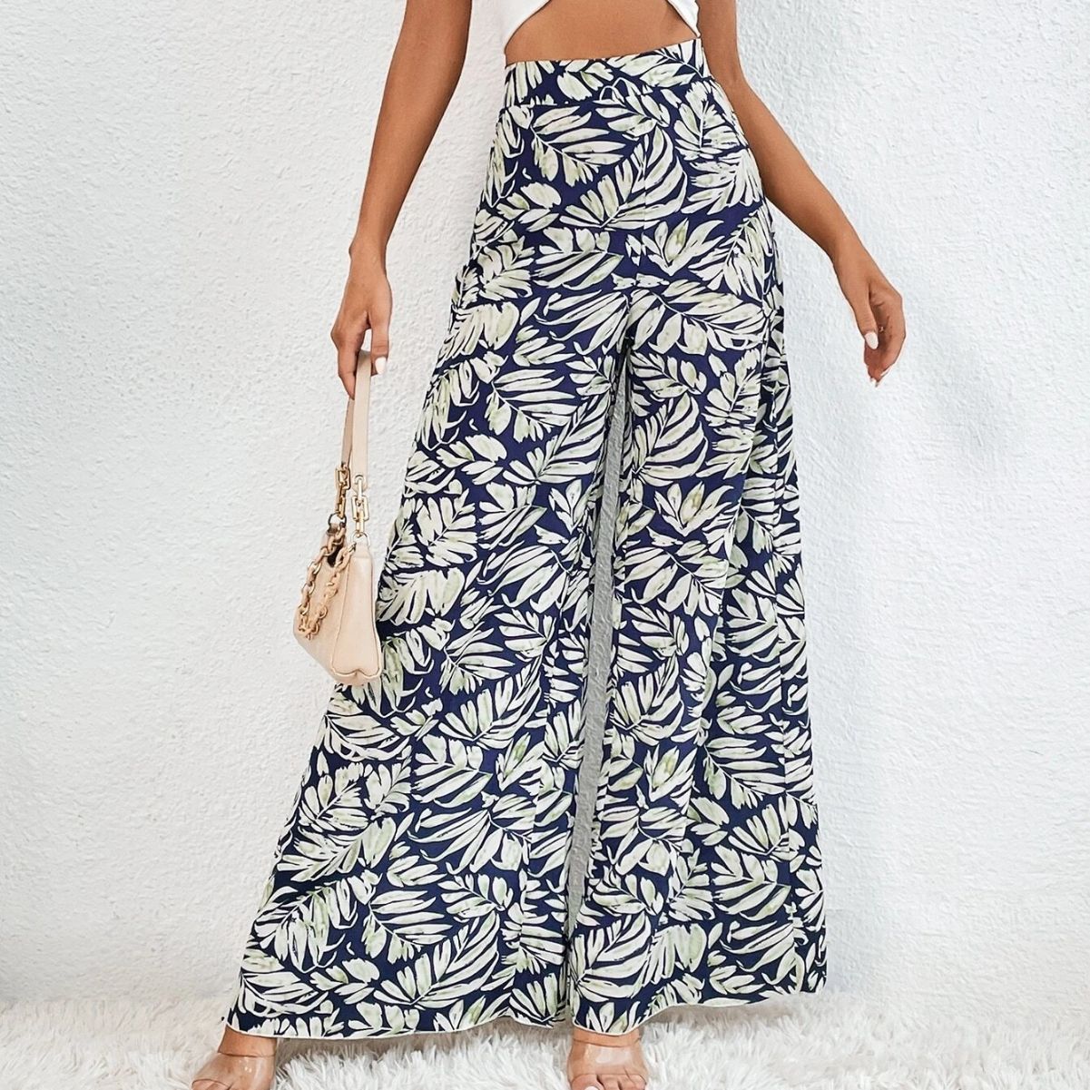 Pantalones anchos de gasa con estampado floral para mujer