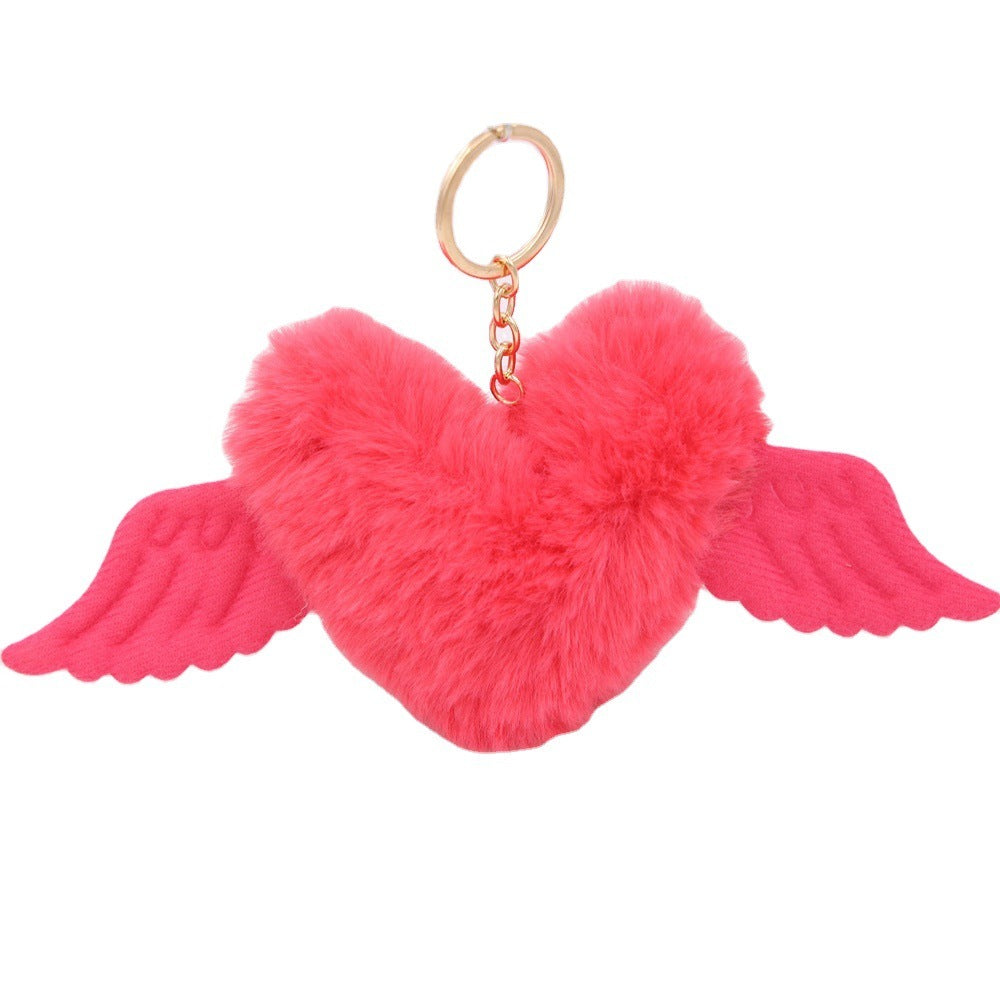 Peach Heart Wings Heart Wool Ball Keychain Pendant