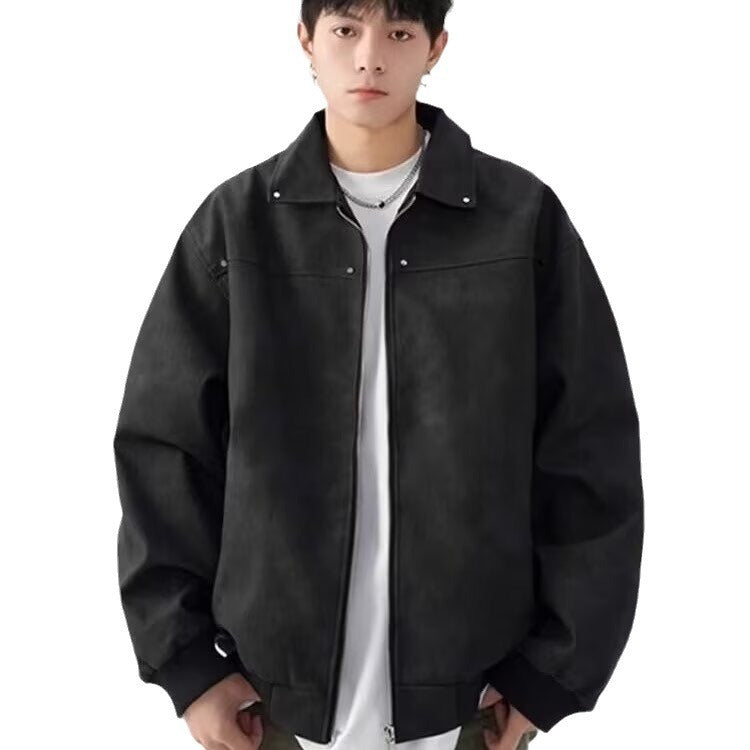 American Retro Lapels Leather Men's Casual Jacket