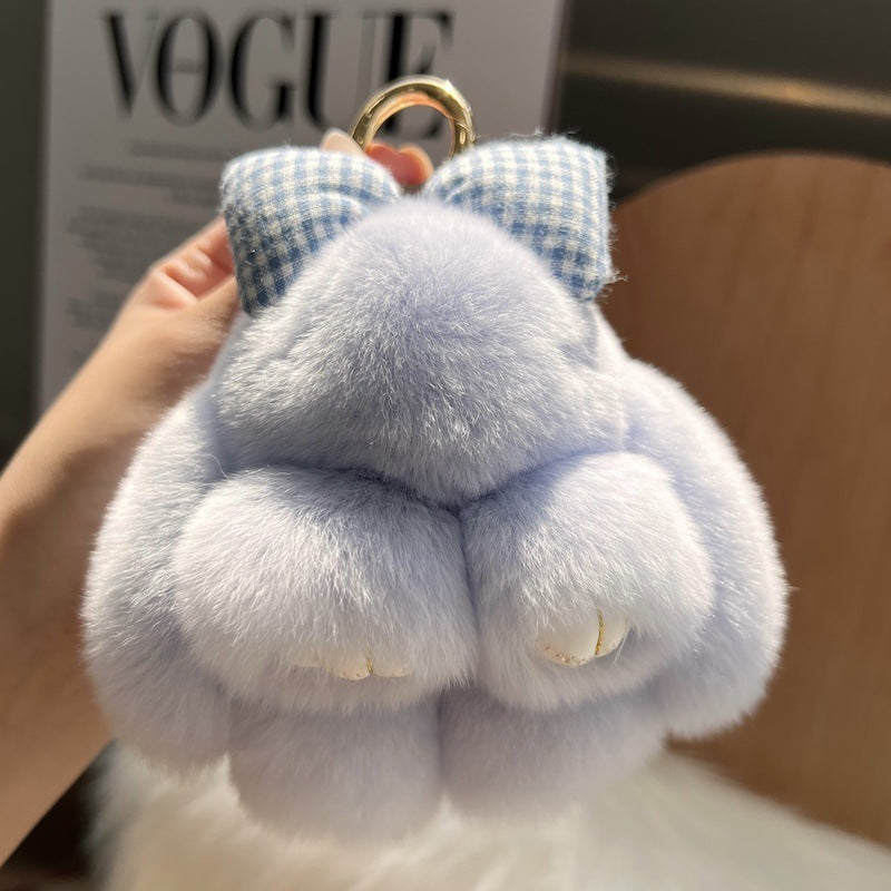 Cute Real Rex Rabbit Hair Bow Bunny Car Key Ring Pendant