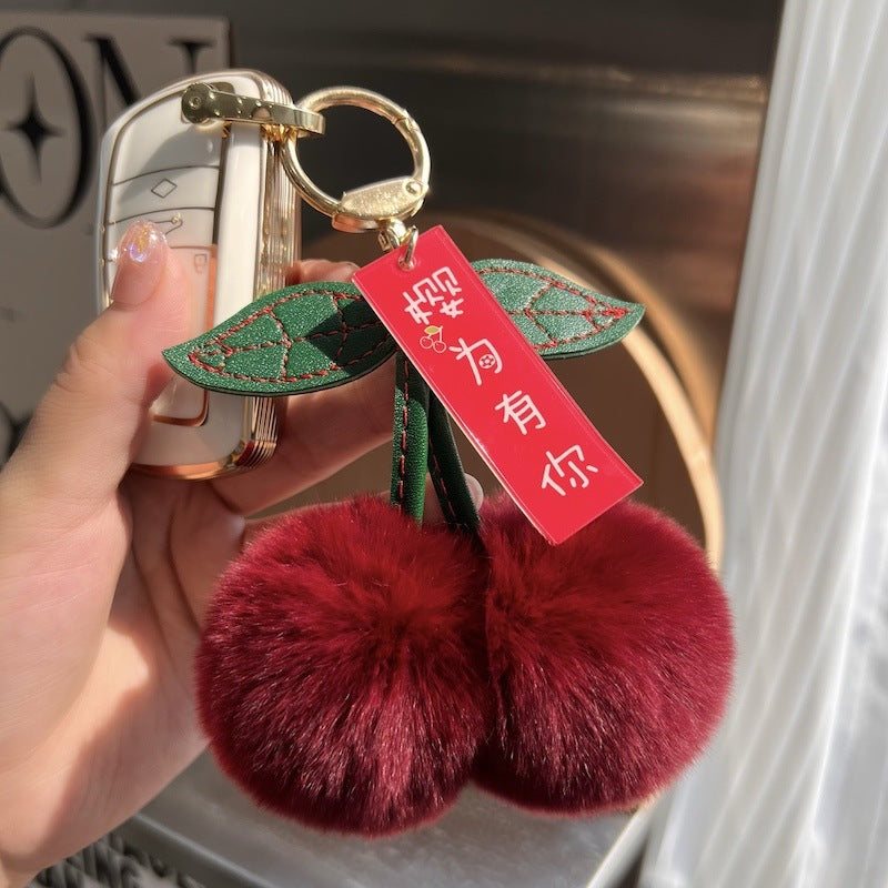 Real Otter Rabbit Fur Grass Little Cherry Car Keychain Pendant