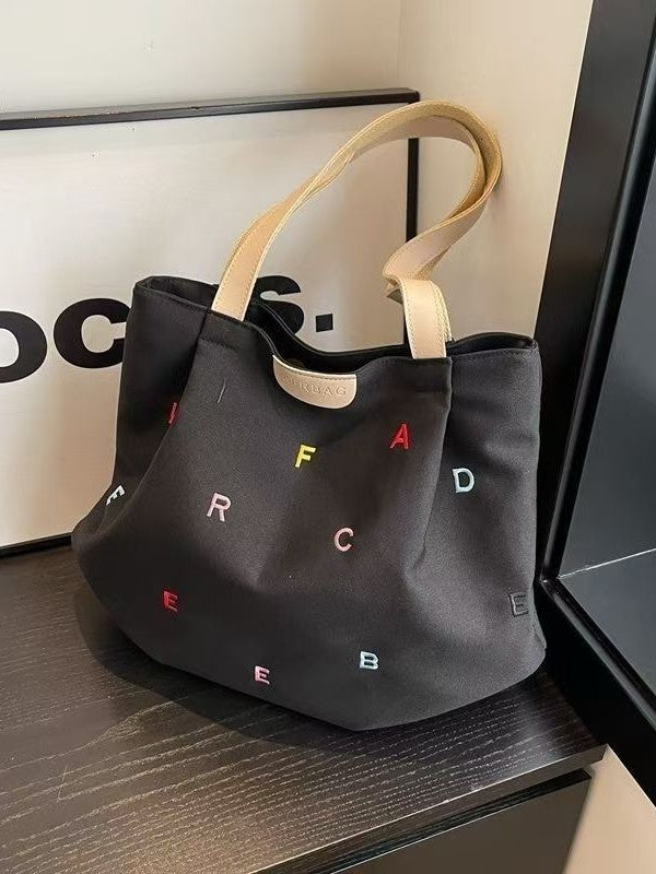Embroidered Letter Handbag Solid Color Shoulder Tote Bag